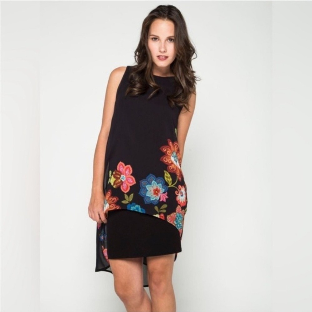 Desigual Caribou Black Floral Asymmetrical High Low Sleeveless Dress 40 Medium